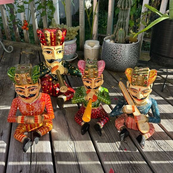 Vintage Set 4- Indian Handicraft Wooden Rajasthan Musicians Folk Art Statues - Picture 9 of 16